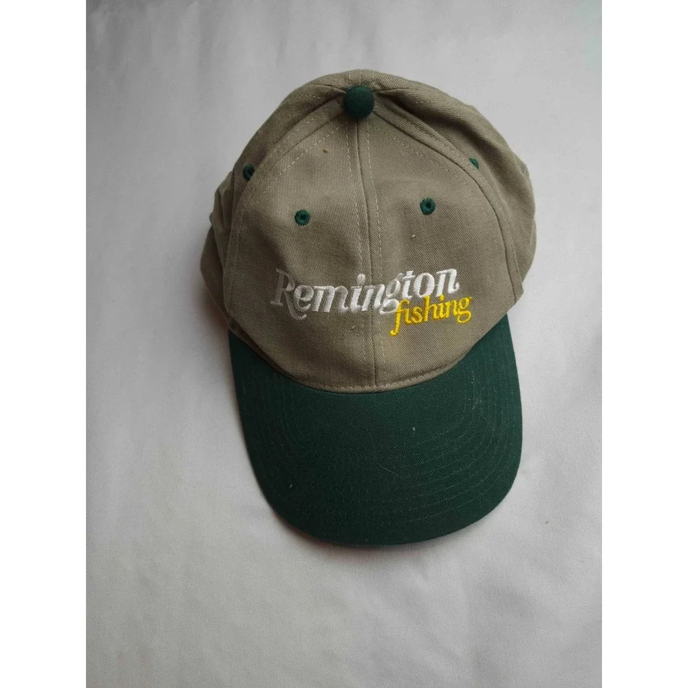 Remington Fishing Hat Cap Mens Adjustable Tan Green Canvas Outdoor Dad Vintage